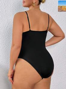 SHEIN PETITE CURVE Plus Size Sexy Contrast Lace Hollow Out Sleeveless Bodysuit, Summer - Black - View 2
