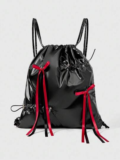 Grunge Punk 1pc Black Dark Grunge Y2K Edgy Sweet Bow Drawstring Backpack, Minimalist Silver Tech Chic Cinch Top Tote, Waterproof Lightweight Large Foldable Storage Bag, Suitable For Casual, Travel, Commute