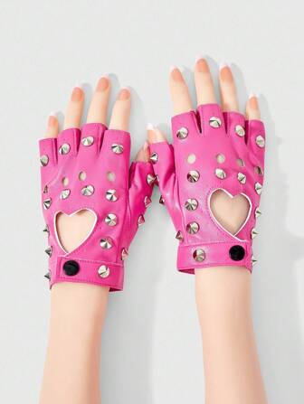 Grunge Punk 1 Pair Fuchsia Y2K Punk Metal Rivet Fingerless Gloves For Women, Suitable For Music Festivals, Cosplay, Etc.