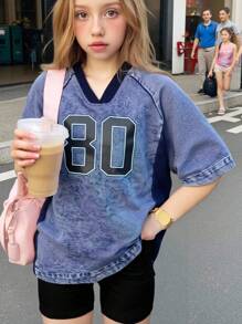 SHEIN 少女Y2K朋克风V领撞色字母印花宽松牛仔短袖上衣，秋季日常穿着，适合返校、返校节、锐舞派对、音乐节、街头运动风、生日旅行、机场等场合。 - 深色水洗藍 - 查看 1