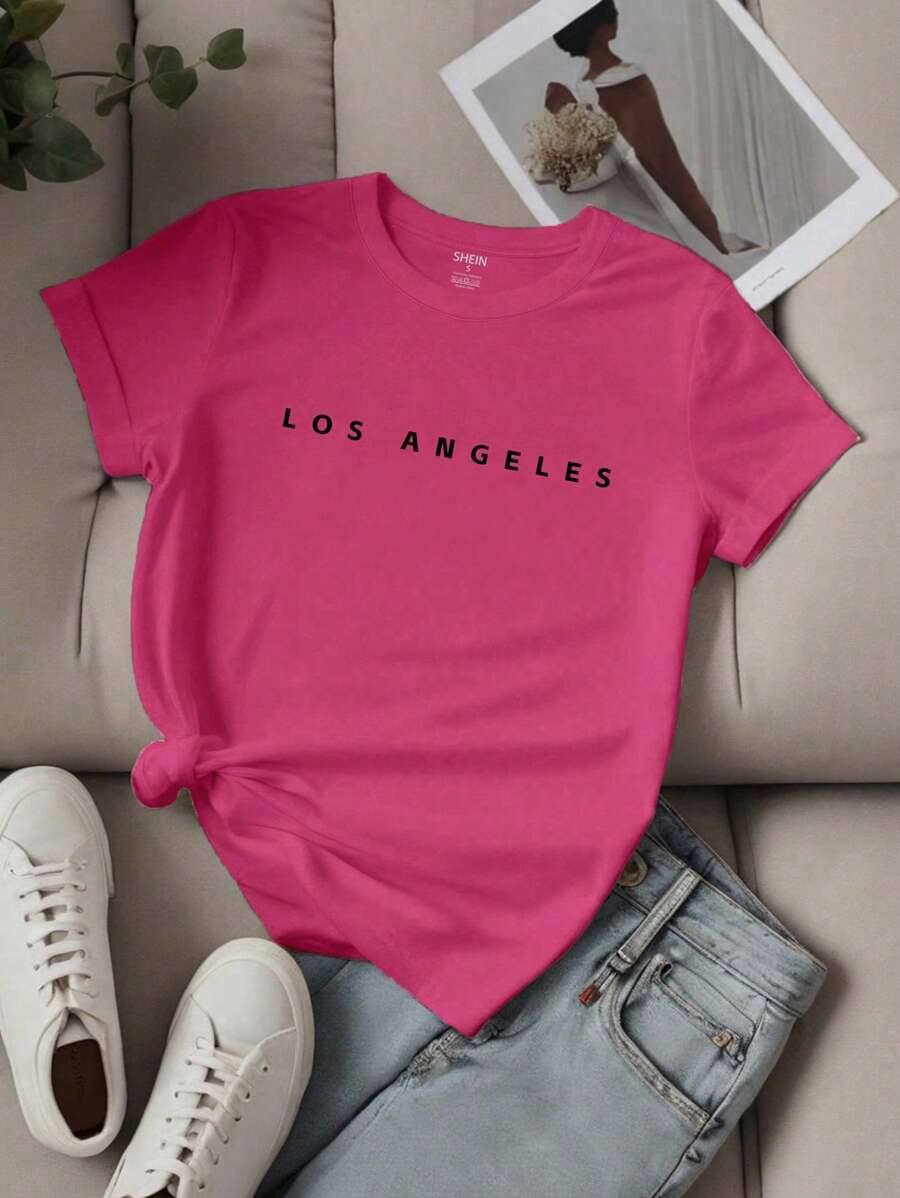 EMERY ROSE Women Casual Short Sleeve T-Shirt With Slogan And Letter Print LOS ANGELES Graphic Tees Women Tops - Hot Pink - View 1