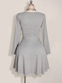 SHEIN ICON Casual All-Match Gray Lace Patchwork Slim Short-Sleeved A-Line Waist Pleated Slim Dress, Back To School Outfit, Y2k, College Style Grey Dress Women Casual Dress Collared Dress Lace Trim Dress Long Sleeve Dress - Grey - View 2