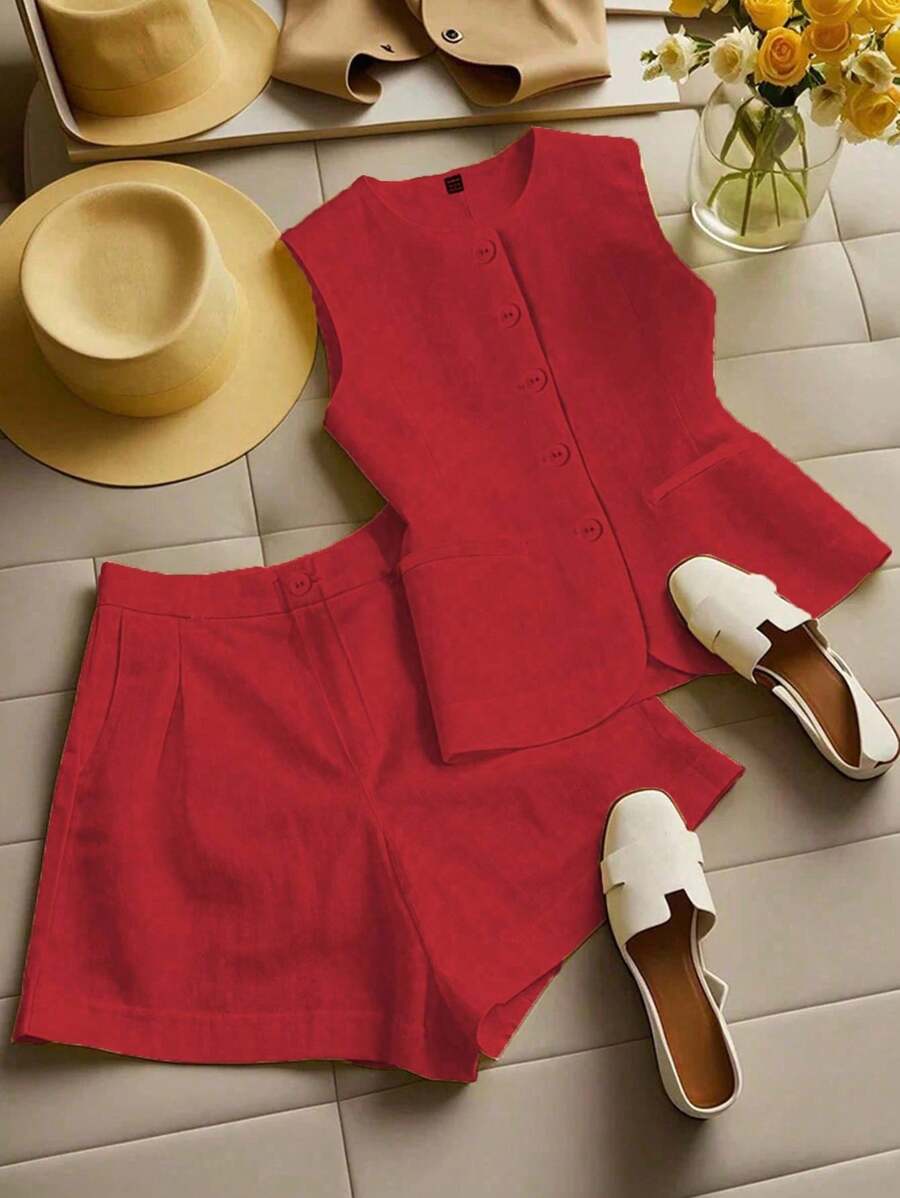 Franclia Bộ 2 món áo vest và quần short trơn màu thanh lịch cho nữ, trang phục mùa hè - Đỏ - Xem 1
