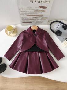 3pcs Young Girls Sweet Fashion Deep Red Long Sleeve PU Leather Collar Jacket, Paired With Simple Black Long Sleeve Top And Deep Red PU Leather A-Line Skirt Soft Comfortable Set, Autumn/Winter Fall - Rusty Rose - View 5