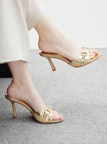 CUCCOO BIZCHIC Giày cao gót đế xuồng PU ánh kim màu vàng cho nữ, giày mules mũi tròn trang trí ánh kim thời trang quyến rũ - Vàng - Xem 2
