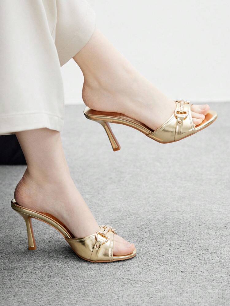 CUCCOO BIZCHIC Women's Gold-Color Metallic PU Slip On Platform Heels Sandals, Fashionable Glamour Metallic Decor Round Toe Mules For Christmas Spring Shoes