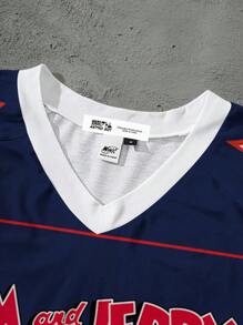 TOM & JERRY X SHEIN Men V-Neck Short Sleeve Summer Casual Sports, Street Cartoon Number & Letter Graphic T-Shirt