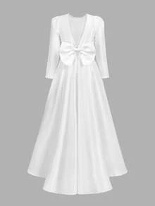 青少年女孩优雅长款白色缎面蝴蝶结露背长袖连衣裙 - 白色 - 查看 2