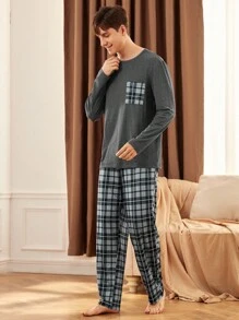 SHEIN Men's Patchwork Pocket Long Sleeve Top And Plaid Long Pants Pajama Set, Fall Winter Clothes - Grey - View 7