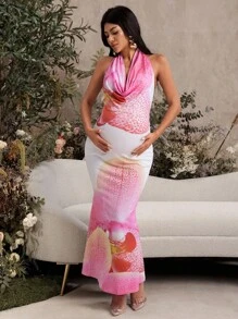 MaterniChic Pregnant Women Elegant Floral Print Backless Halter Midi Dress  Fall Women Clothes Baby Shower Modest Dresses For Women Party Outfit