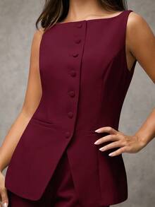 SHEIN Tall CURVE Plus Size Women's Solid Color Round Neck Single-Breasted Vest And Pants Elegant Commuter Suit, Fall Fall Women Clothes Women Set Office Wear Business Casual Women Two Pieces Outfits Fall Women Office Wear Women Set Women Blazers Set,Fall Clothes For Women Curve Fall Clothes Curve 2 Pieces Outfits Plus Size Formal Curve Formal Tall Curve Women Clothes Autumn