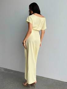 Aloruh 女款淡黃色圍裹式垂領抓皺設計長洋裝，優雅夏季婚禮賓客穿搭，適合畢業典禮、教師服裝與通勤 - 黃色 - 查看 2