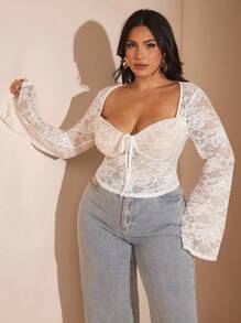 SHEIN BAE Plus Size Women's Sexy Sheer Lace Long Flare Sleeve Blouse, Women Top/ Plus Size Lace Top/ Lace Undershirt Long Sleeve/Wedding Guest Dress Curve/Fall Clothes Plus Size/Halloween/Homecoming/Christmas/Going Out /Birthday Top For Women/Western Wear Women/Dresses For Women Party/Women's Fall Clothes/White Top Classy Elegant,Fall Clothes For Women