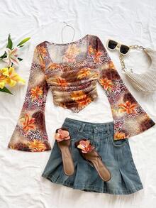 Soleia Áo crop top nữ cổ vuông tay loe họa tiết hoa báo nâu, viền bất đối xứng, thích hợp mặc trong các dịp lễ, hẹn hò, trà chiều, kỳ nghỉ trên đảo, du ngoạn trên biển, nghỉ dưỡng thành phố, lễ hội âm nhạc, kỳ nghỉ Boho, có thể mặc trong nhà hoặc ngoài trời, trang phục thường ngày - màu nâu - Xem 4