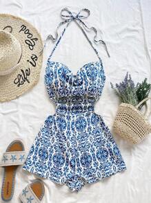 Soleia 女士度假蓝白花卉图案露背系带腰部镂空宽松连体裤，适合度假、约会、下午茶、西部风、游轮、海滩、海岛、公路旅行、四季、音乐节、波西米亚风度假 - 藍白色 - 查看 4