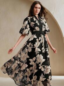 Anewsta Damen Schwarzes & Goldenes romantisches, elegantes Maxikleid mit ausgeschnittenen Ärmeln und V-Ausschnitt, Sommer - schwarzes Gold - Übersicht 4
