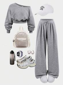 Girlism Teen Girl Casual And Comfortable Light Grey Long Sleeve Sweatshirt & Pants Co-Ord Set In Knitted Fabric, Back To School Clothes, Fall Outfit Winter