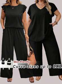 SHEIN CURVE+ Große Größen Einfarbiges Top mit V-Ausschnitt und kurzen Ärmeln und Hose mit weitem Bein, lässiges zweiteiliges Set, Große Größen Zweiteilige Outfits, Curve Große Größen Co Ords, Damenkleidung in Übergröße, Große Größen Sets für Damen, 6XL Plus Damenkleidung - Schwarz - Übersicht 1