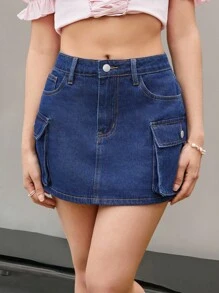 SHEIN MOD Flap Pocket Denim Skirt - Dark Wash - View 4