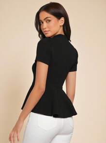Amorya Áo thun bó tay ngắn cổ đứng màu trơn dành cho nữ - màu đen - Xem 3