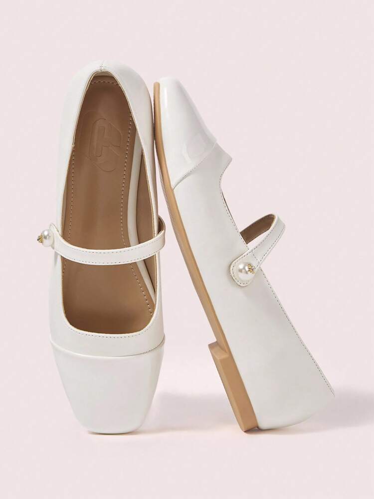 CUCCOO DOLLMOD Women's Fashion Square Toe Pearl Decor Mary Jane Flats, Comfortable For Commuting, Party, Shopping, Vacation