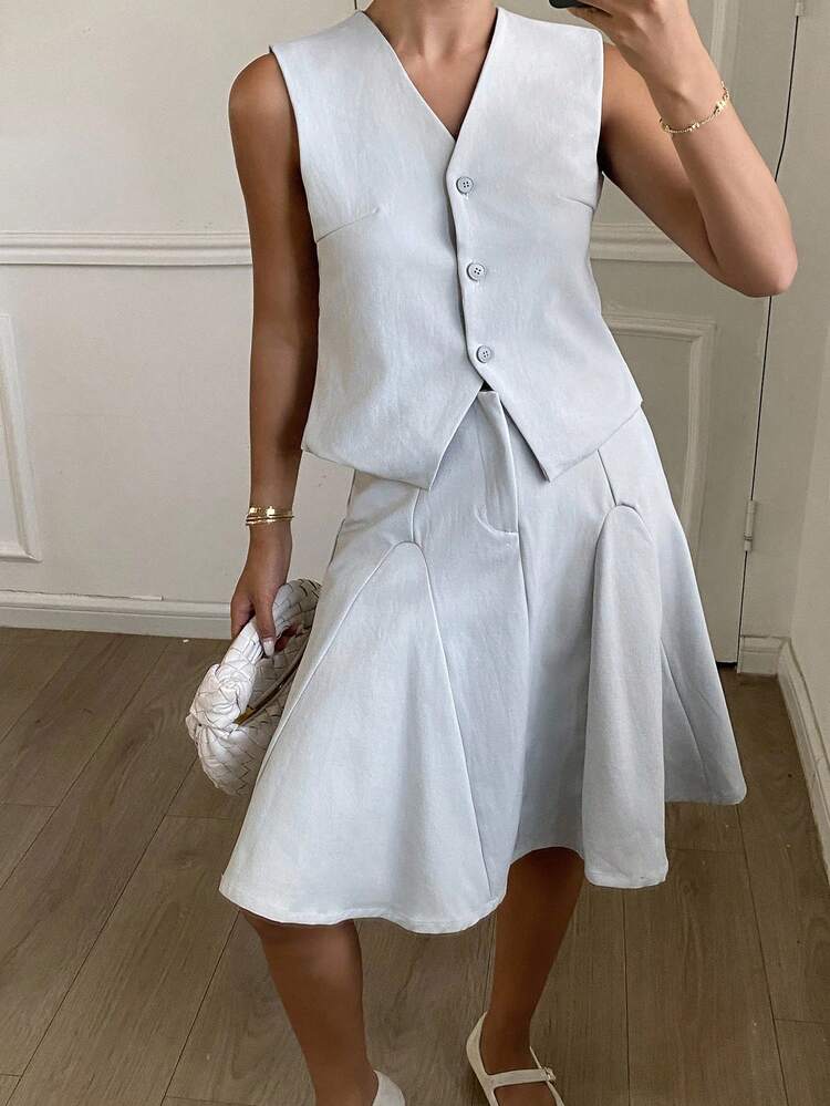 2pcs Women Solid Color Fitted Vest Top & A-Line Skirt Casual Autumn Suit