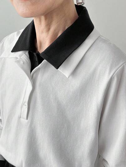 FRIFUL 女式宽松 Polo 领拼色舒适休闲长袖 T 恤上衣，春秋季