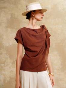 EMERY ROSE 女士梭织面料，褶皱领口，肩部打结设计，日常通勤，精致复古时尚，优雅气质 复古女装，复古女装，教师衬衫，教师衬衫，红棕色上衣 - 棕色 - 查看 7