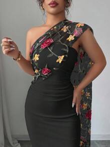 Elenzga 女士优雅花卉刺绣网眼拼布连衣裙 - 黑色 - 查看 4