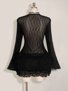 SHEIN ICON Plus Size Long Sleeve Sheer Tie Front Cardigan And Multi-Layer Lace Shorts Set,Fall Clothes For Women - Black - View 2