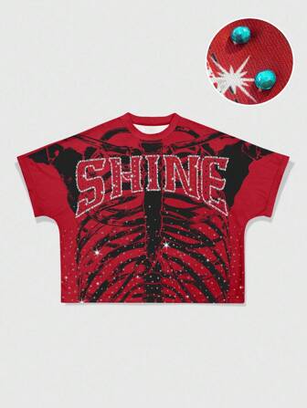 Street Life Camiseta de verano para hombre de cuello redondo, estampado de letras y esqueleto, de corte holgado y casual