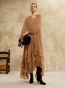 Arave Women's Chiffon Summer Woven New French Fairy Style Lantern Sleeve Long Sleeve Vintage Gentle Niche Casual Resort Commute Long Maxi Dress,Vacation Outfits Women,Birthday Outfits For Women,Elegant Dresses For Women,Boho Dress,Old Money Style Women,Vacation Dresses,Flowy Dress,Fall Dresses For Women,Modest Dresses For Women,Fairycore,Classy Outfits For Women Maillard Style - Brown - View 1