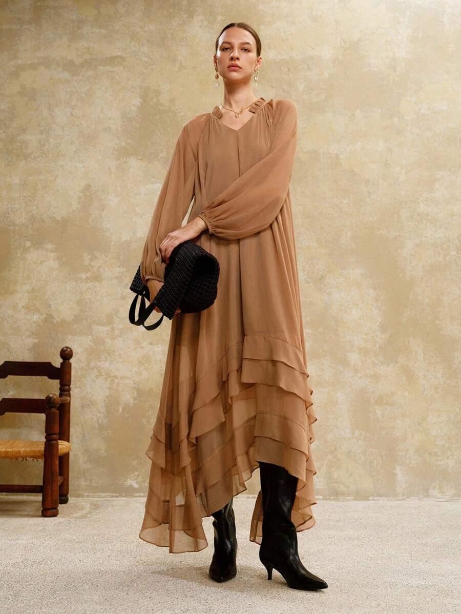 Arave Women's Chiffon Summer Woven New French Fairy Style Lantern Sleeve Long Sleeve Vintage Gentle Niche Casual Resort Commute Long Maxi Dress,Vacation Outfits Women,Birthday Outfits For Women,Elegant Dresses For Women,Boho Dress,Old Money Style Women,Vacation Dresses,Flowy Dress,Fall Dresses For Women,Modest Dresses For Women,Fairycore,Classy Outfits For Women Maillard Style - Brown - View 1