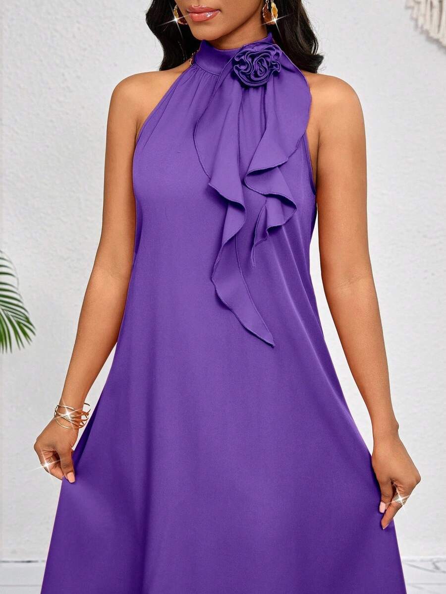 SHEIN Lady 3D立体花朵荷叶边装饰领口，橙色中长款连衣裙，优雅淑女宽松休闲，春夏度假风，波西米亚风情。 - 紫色 - 查看 1