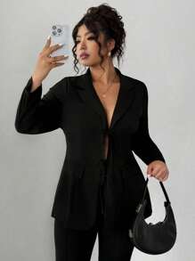 Elenzga Plus Size Women Lapel Collar Ruffle Hem Tie Front Blazer Jacket, Minimalist Plain Color, For Work And Commute Fall Cloth For Women - Black - View 5