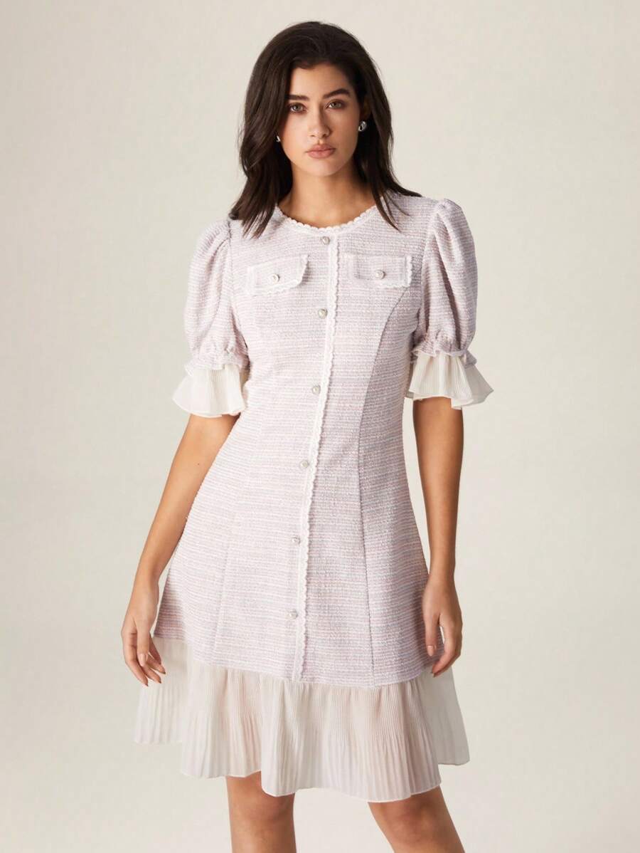 Modelyn 女式V领收腰修身连衣裙，法式风格 - 紫色 - 查看 1