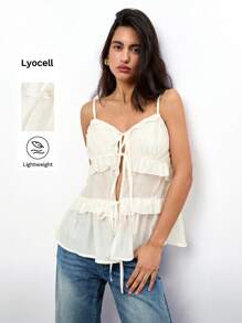 Maija Women's Boho Woven Fabric Cami Top With Ruffle Hem And Tie Front Detail - Apricot - View 1