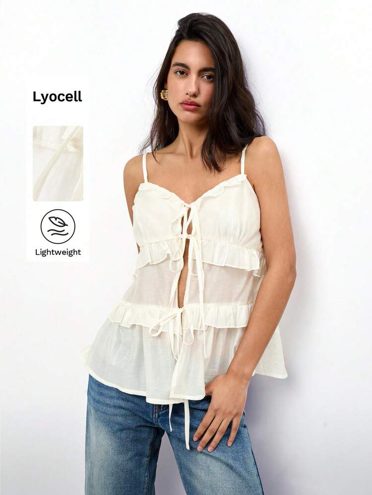 SHEIN Maija Women's Boho Woven Fabric Cami Top With Ruffle Hem And Tie Front Detail