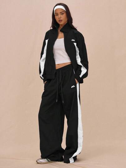 MUSERA 抽绳腰带尼龙撞色拼接阔腿运动裤（仅限裤子）机场休闲圣诞款