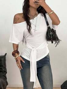 Coolane Casual Fashionable Sexy Slim Fit Asymmetrical Collar Short Sleeve Women T-Shirt - White - View 3