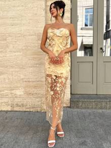 Firerie 女士优雅浪漫精致端庄舞会派对约会度假日常刺绣 3D 花卉网眼透明紧身高腰香槟色超长筒金色连衣裙 - 香檳色 - 查看 5