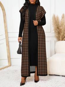 SHEIN Lady CURVE 棕色千鸟格撞色条纹开衫外套女背心上衣春夏秋季百搭单品大码夹克 - 棕色 - 查看 4