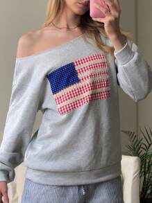 CovetEZ 休闲女式露肩单肩落肩美国独立日美国国旗蕾丝拼接格子运动衫，面料为天鹅绒和拉绒，秋冬季穿着舒适 - 灰色 - 查看 6