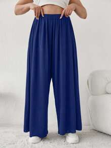 Plus Solid Strechy Viscose Fabric Wide Leg Pull On Summer Pants - Navy Blue - View 5