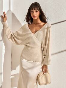 CLARA VERO Pullover da donna a costine a doppio petto di colore unito - Beige - Visualizzare 6