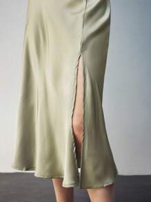 Maija Ladies' Solid Color Split Hem Casual Skirt - Green - View 7