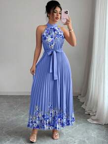 Elenzga 女式夏季优雅花卉宽松露背连衣裙 - 寶藍色 - 查看 3