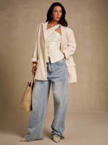 Glamine 女式纹理亮片编织无袖单排扣休闲办公室通勤百搭夏季上衣 - 杏色 - 查看 6