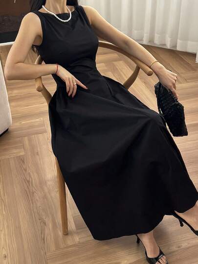 DAZY Vestido de mujer de unicolor, cuello redondo, elegante, sin mangas y hasta la pantorrilla