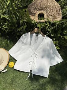 Comfortcana 大码女式前系带短袖白衬衫 - 白色 - 查看 3